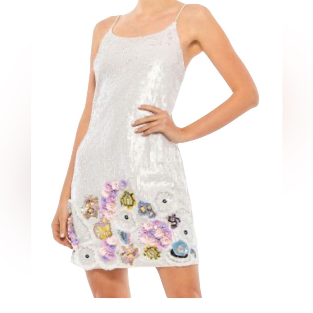 Mac Duggal Sequin White Floral Mini Shift Dress Size 0 NWT